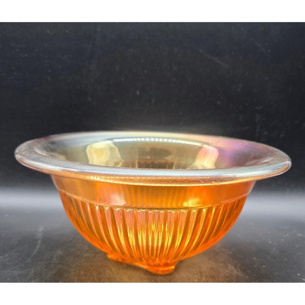 Vintage Marigold Carnival Glass Ribbed Bowl Iridescent Four Footed Luster 9.75"